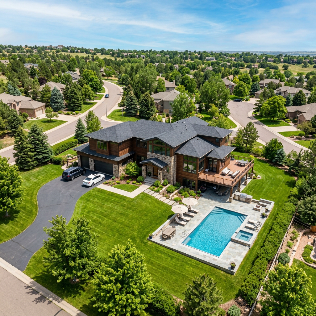 Modern large home with swimming pool, patio furniture, and green lawn in suburban area