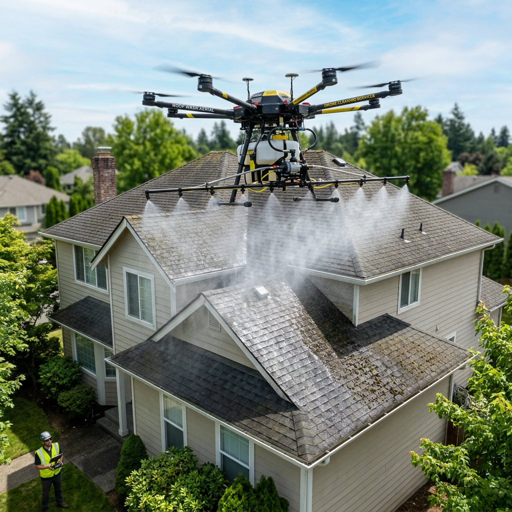 Drone spraying water on roof for cleaning while operator controls it
