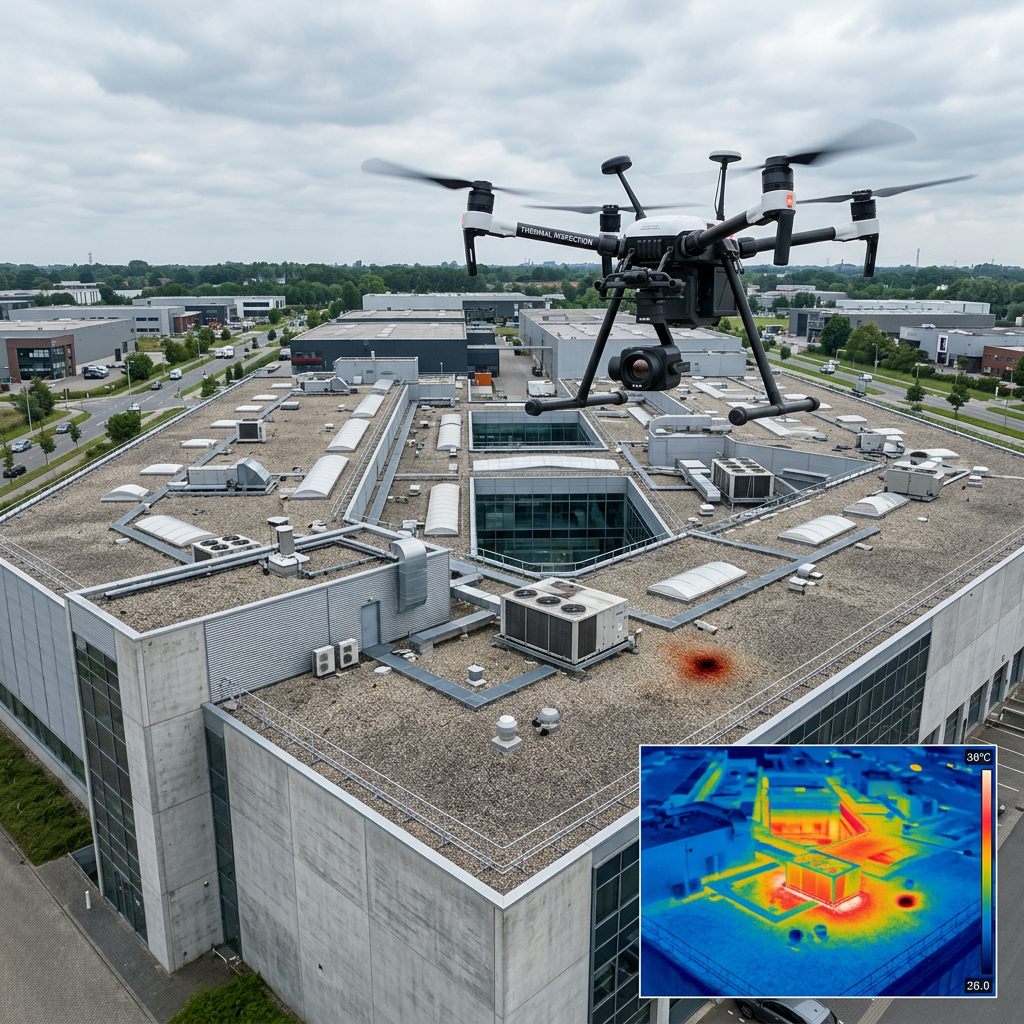 Drone flying over a commercial building rooftop with thermal imaging inset showing heat distribution